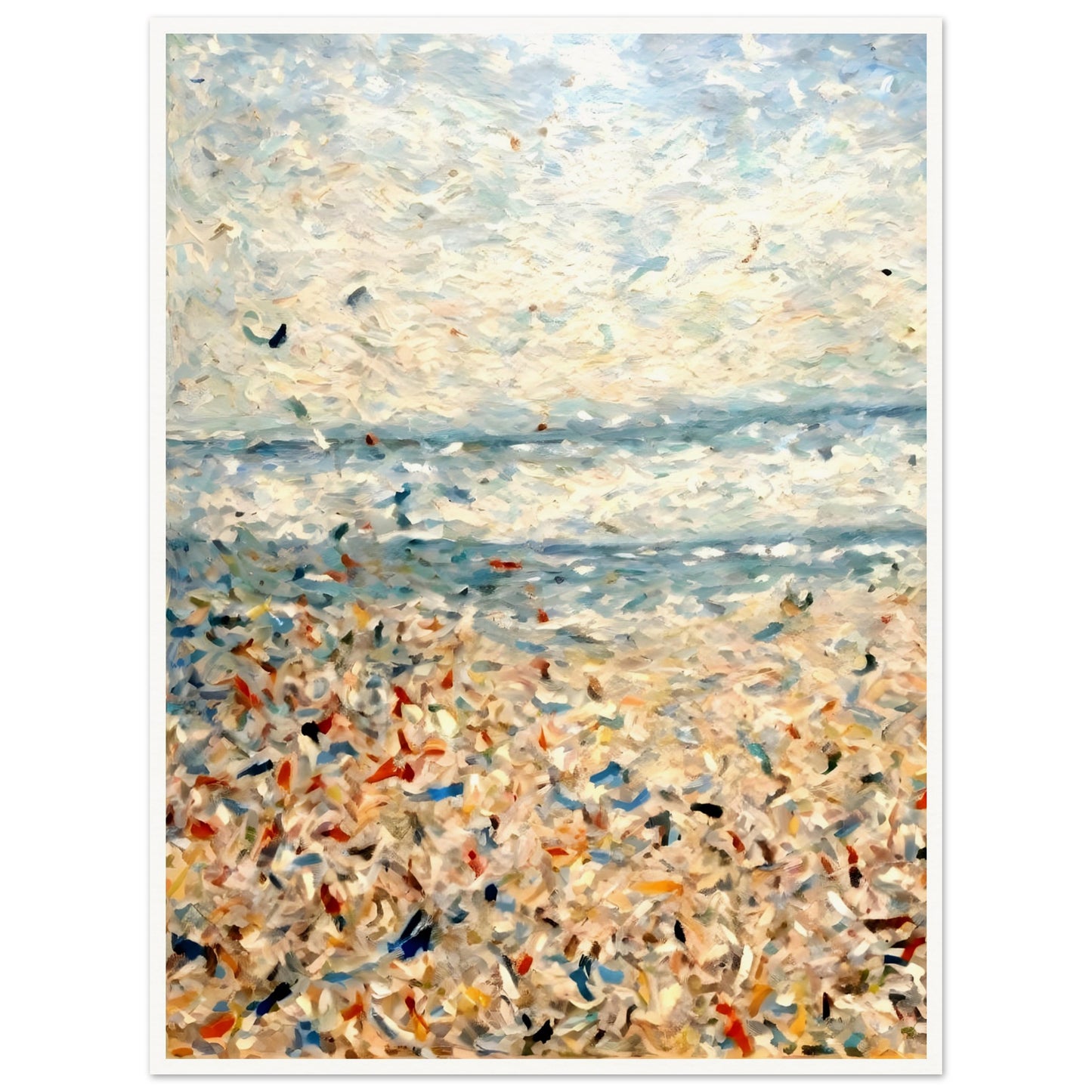 An impressionistic seascape with soft blues, whites, and sandy tones, depicting a sunlit beach with shimmering water and scattered colors.