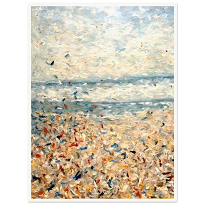 An impressionistic seascape with soft blues, whites, and sandy tones, depicting a sunlit beach with shimmering water and scattered colors.