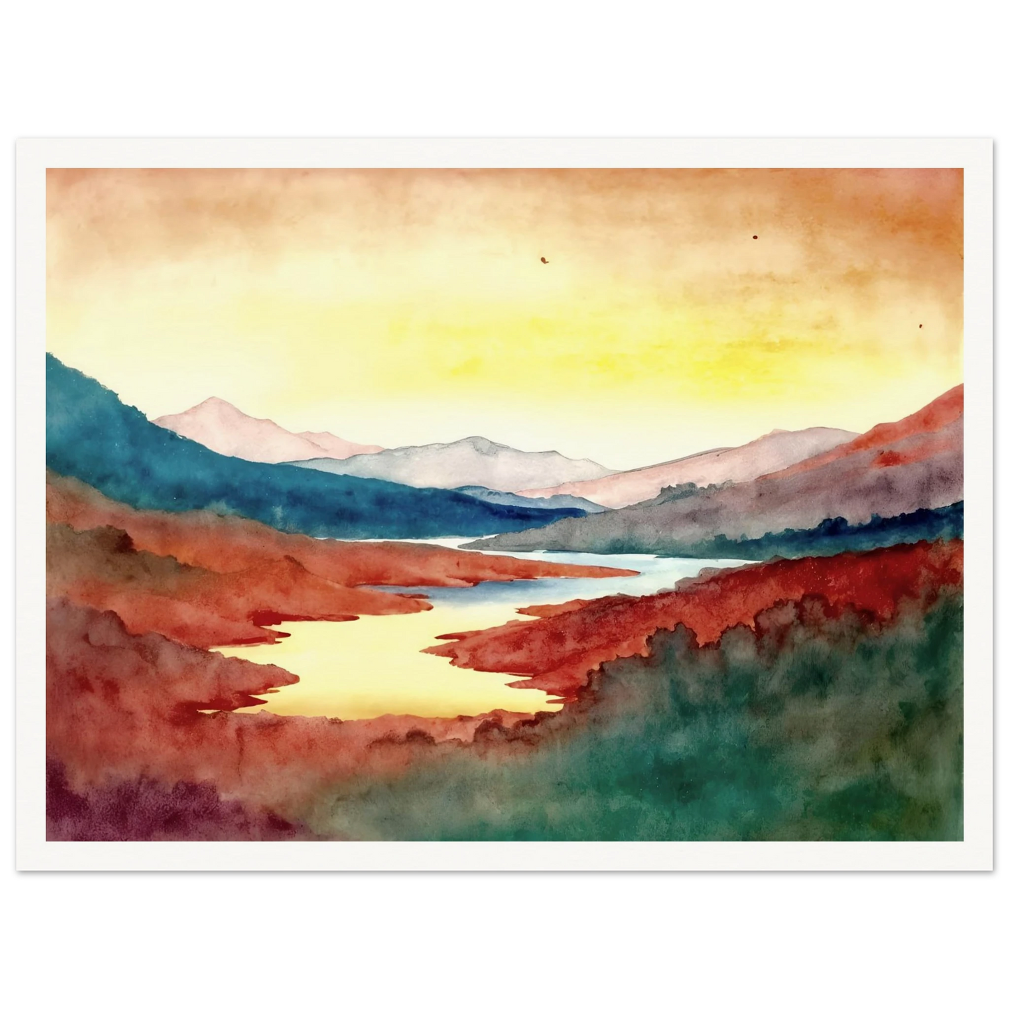 A luminous river winds through crimson hills and distant mountains beneath a glowing sky washed with warm light.