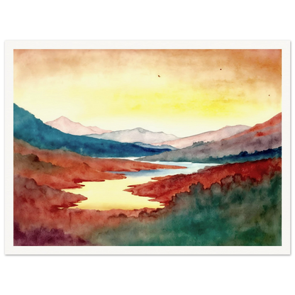 A luminous river winds through crimson hills and distant mountains beneath a glowing sky washed with warm light.