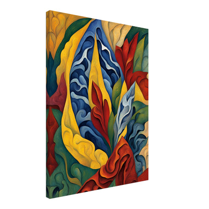 A dynamic, colorful painting featuring swirling organic shapes in red, blue, yellow, and green, evoking the movement of nature.