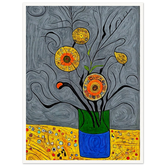 An abstract floral design featuring circular, golden-yellow flowers in a blue vase against a swirling gray background with intricate details.