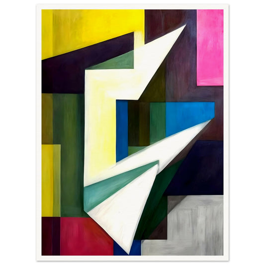 A bold geometric composition featuring sharp angles and planes, with vibrant blocks of yellow, green, blue, and pink forming a dynamic interplay of light and shadow.