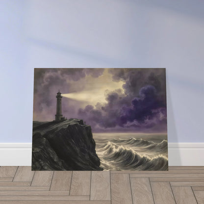 A solitary lighthouse casts its beam through storm-darkened violet clouds above crashing ocean waves against a rugged cliff.