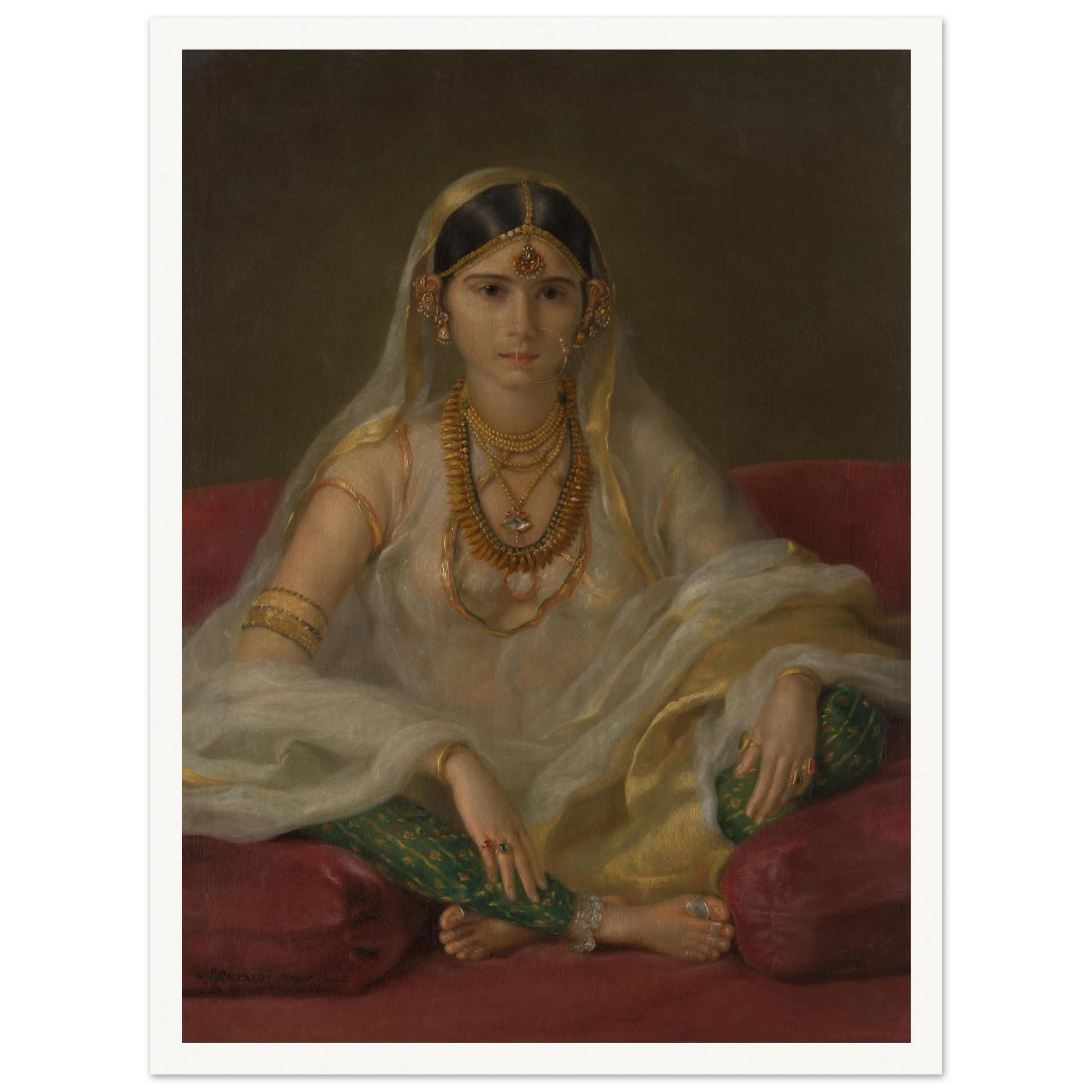 A Mughal woman in a sheer white veil and gold jewelry sits cross-legged on deep red cushions.
