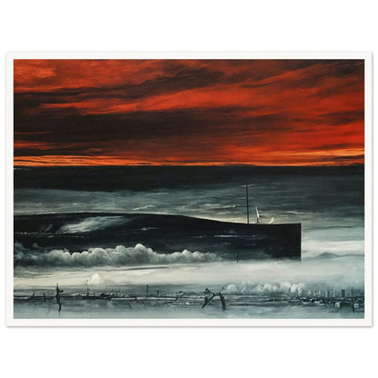 A dark, dystopian landscape painting featuring a dramatic red sky and shadowy structures, evoking a sense of mystery and foreboding.