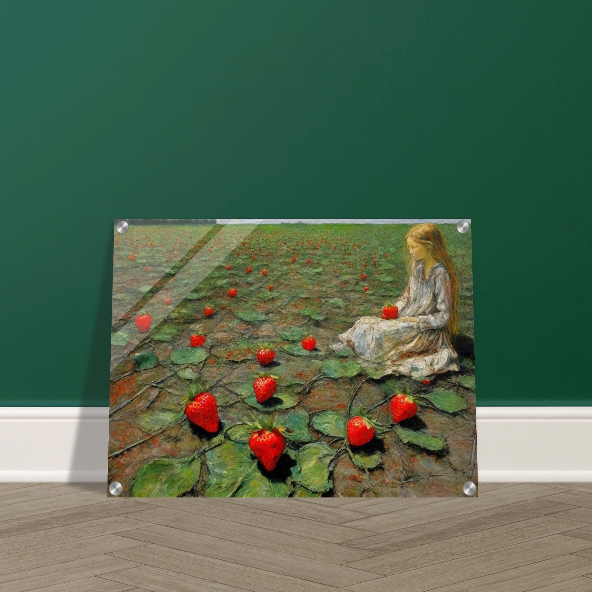 A painting of a young girl sitting in a field of large strawberries, creating a whimsical and surreal scene.