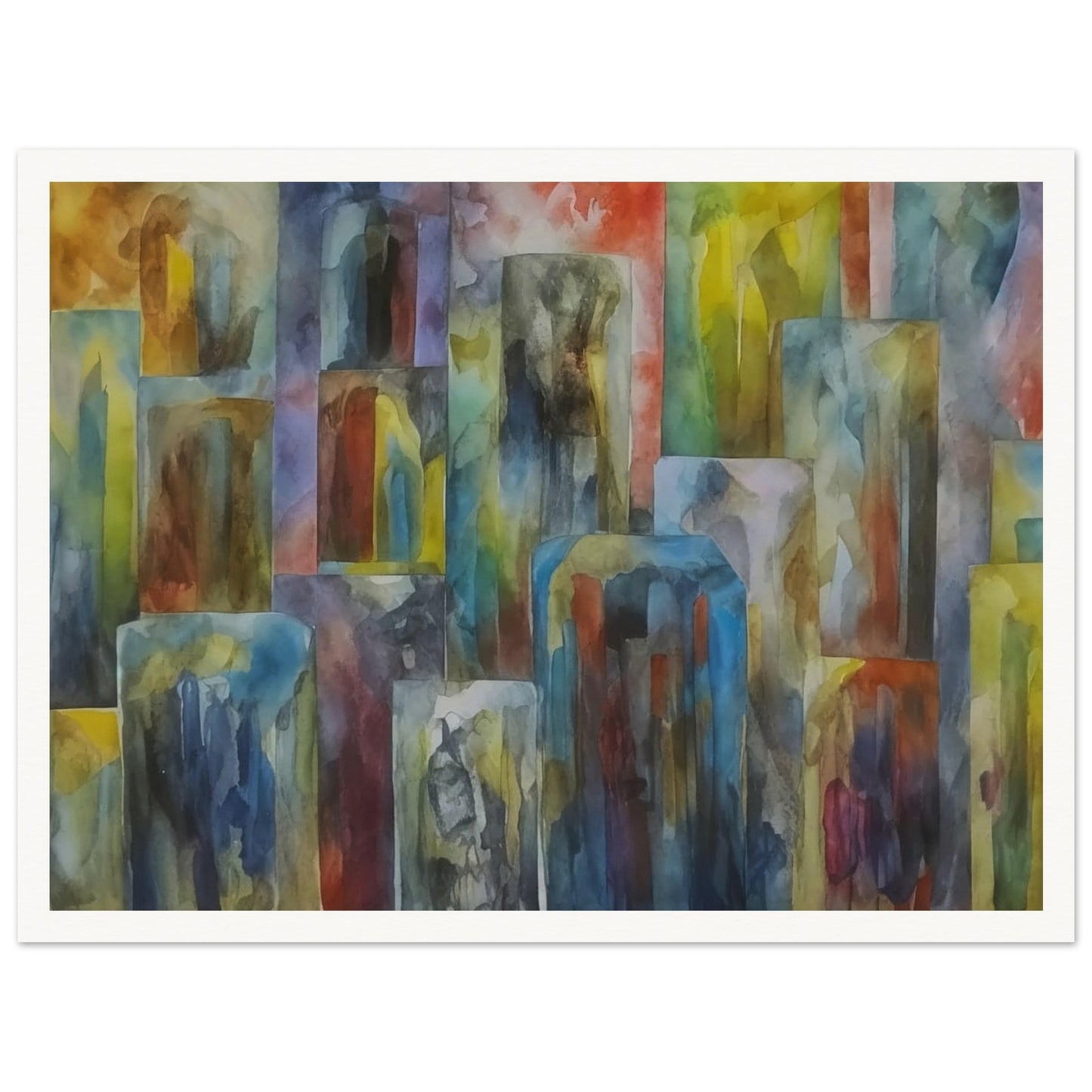 A vibrant abstract painting of a cityscape with multicolored buildings. The artwork features tall, rectangular shapes in a variety of hues, blending seamlessly to create a dynamic urban scene.