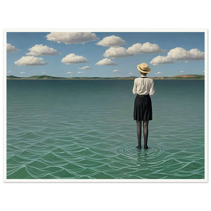 A painting of a woman standing alone in the middle of a calm, vast body of water under a blue sky with scattered clouds.