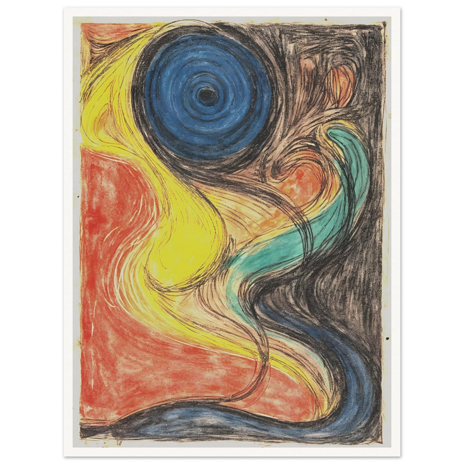 Flowing abstract lines weave through fiery red, luminous yellow, deep blue, and shadowed black, evoking cosmic movement and elemental energy.
