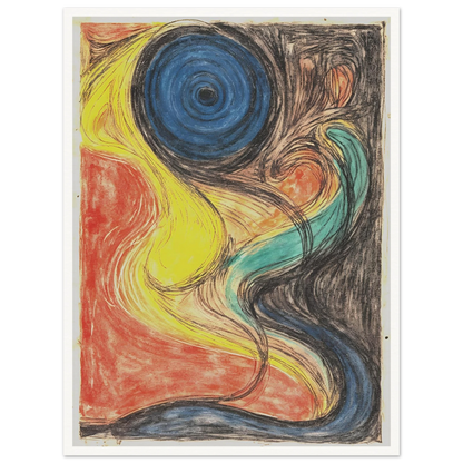Flowing abstract lines weave through fiery red, luminous yellow, deep blue, and shadowed black, evoking cosmic movement and elemental energy.