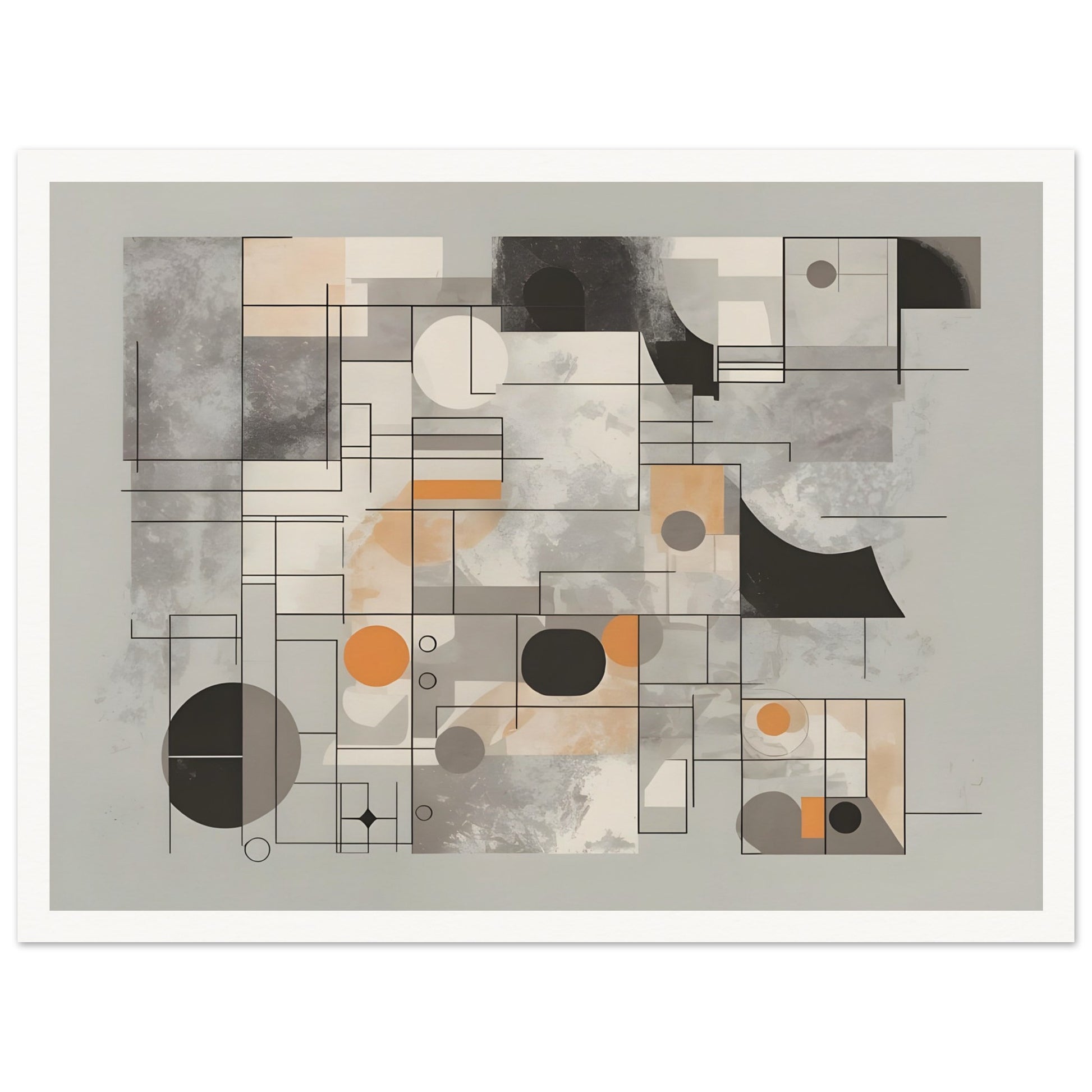 An abstract composition featuring geometric shapes, muted tones of grey, beige, and orange, with overlapping lines and blocks forming an architectural, grid-like design