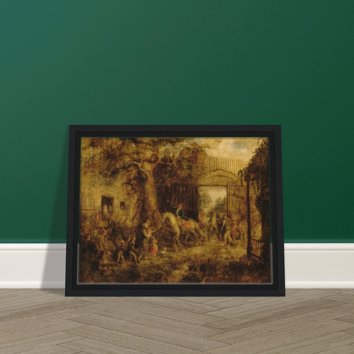 Busy scene at Wall Street Gate with horses, children, figures, and golden trees