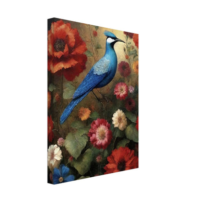 "A vibrant painting of a blue bird perched among blooming flowers in red, orange, and pink hues, set against a soft, warm background."