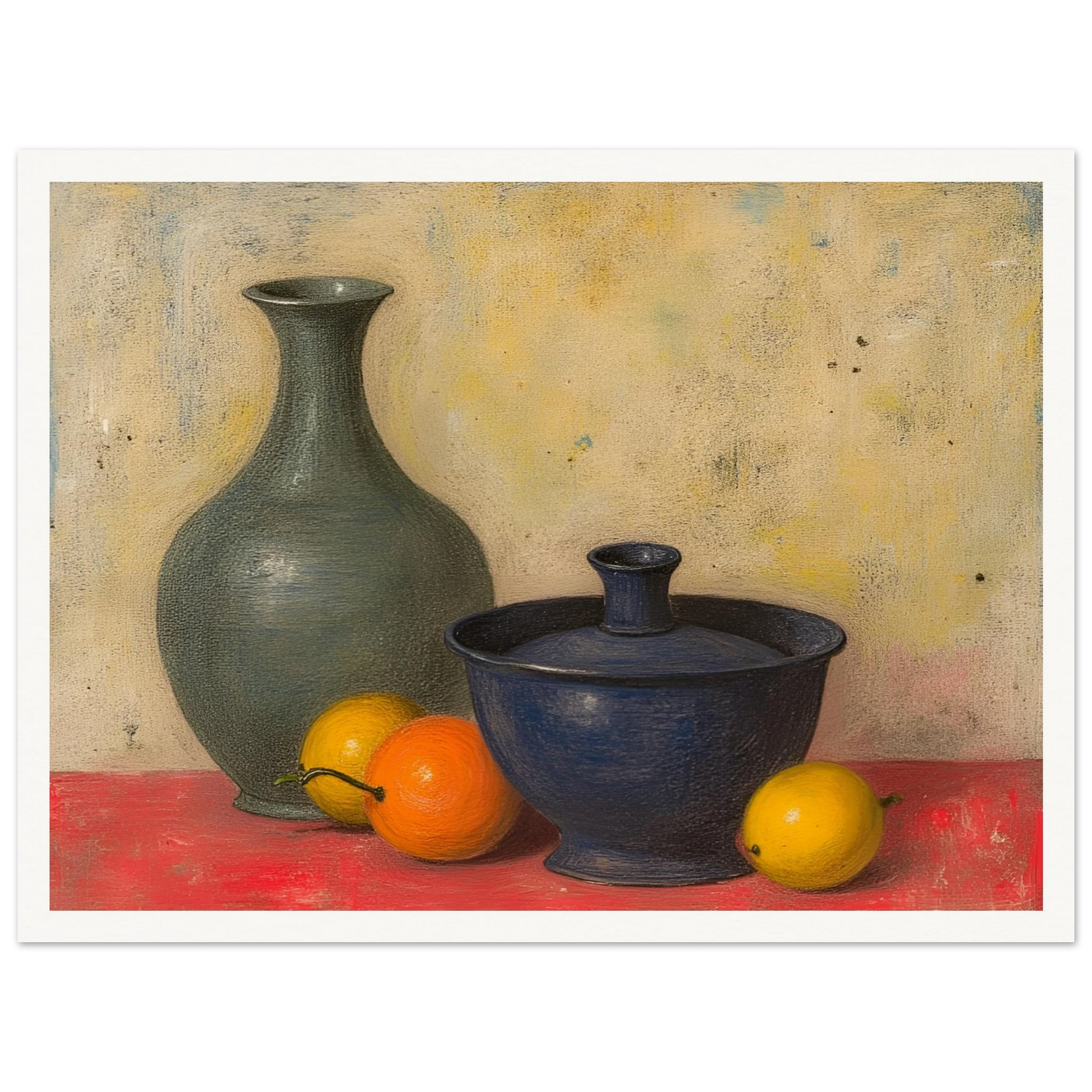 Blue and green ceramic vessels rest on a red surface beside lemons and an orange, against a softly textured neutral wall.
