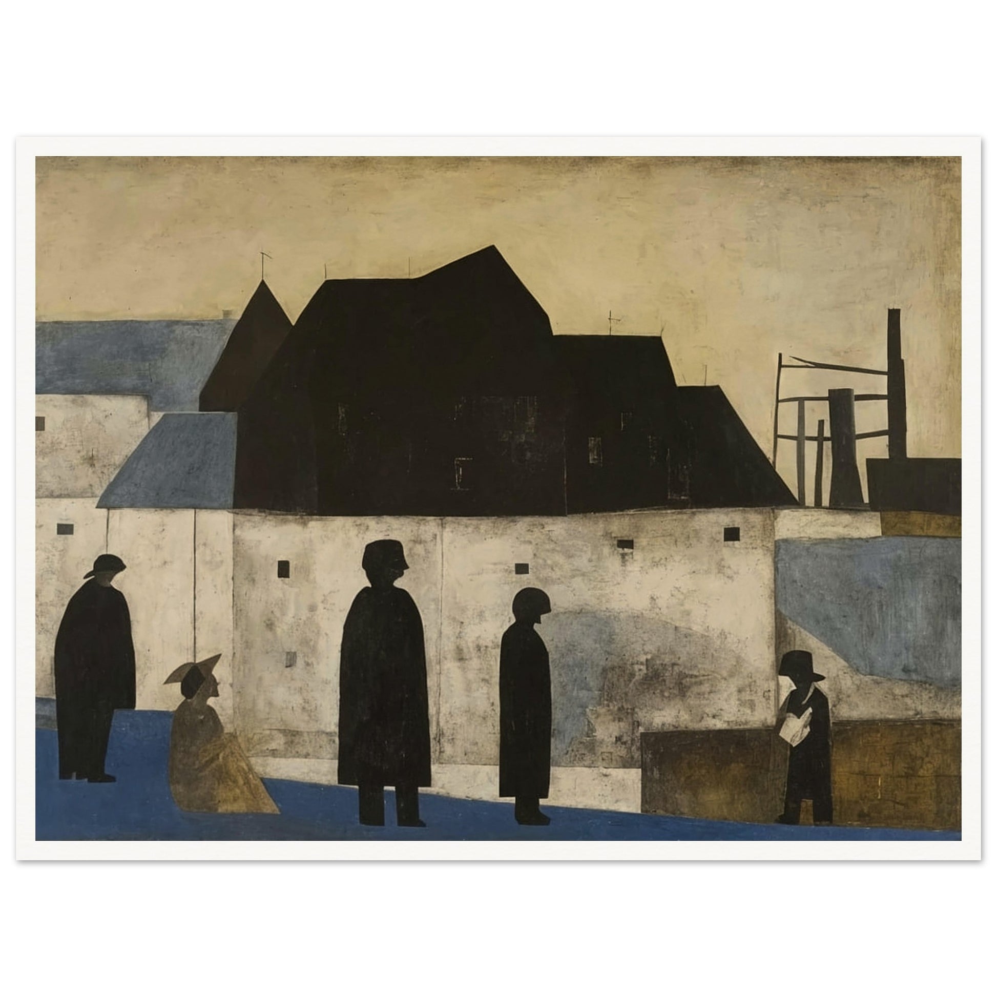 A painting of silhouetted figures in a townscape with dark buildings and industrial structures against a muted sky.