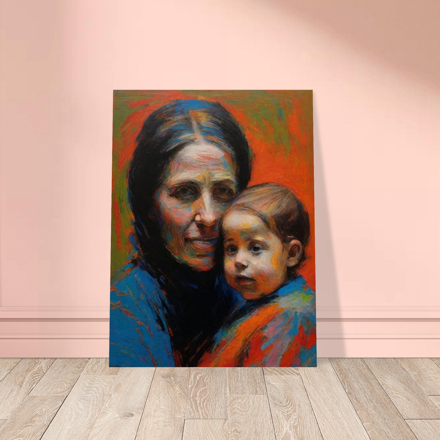 A touching portrait of a mother and child with warm, vibrant colors and expressive brushstrokes.