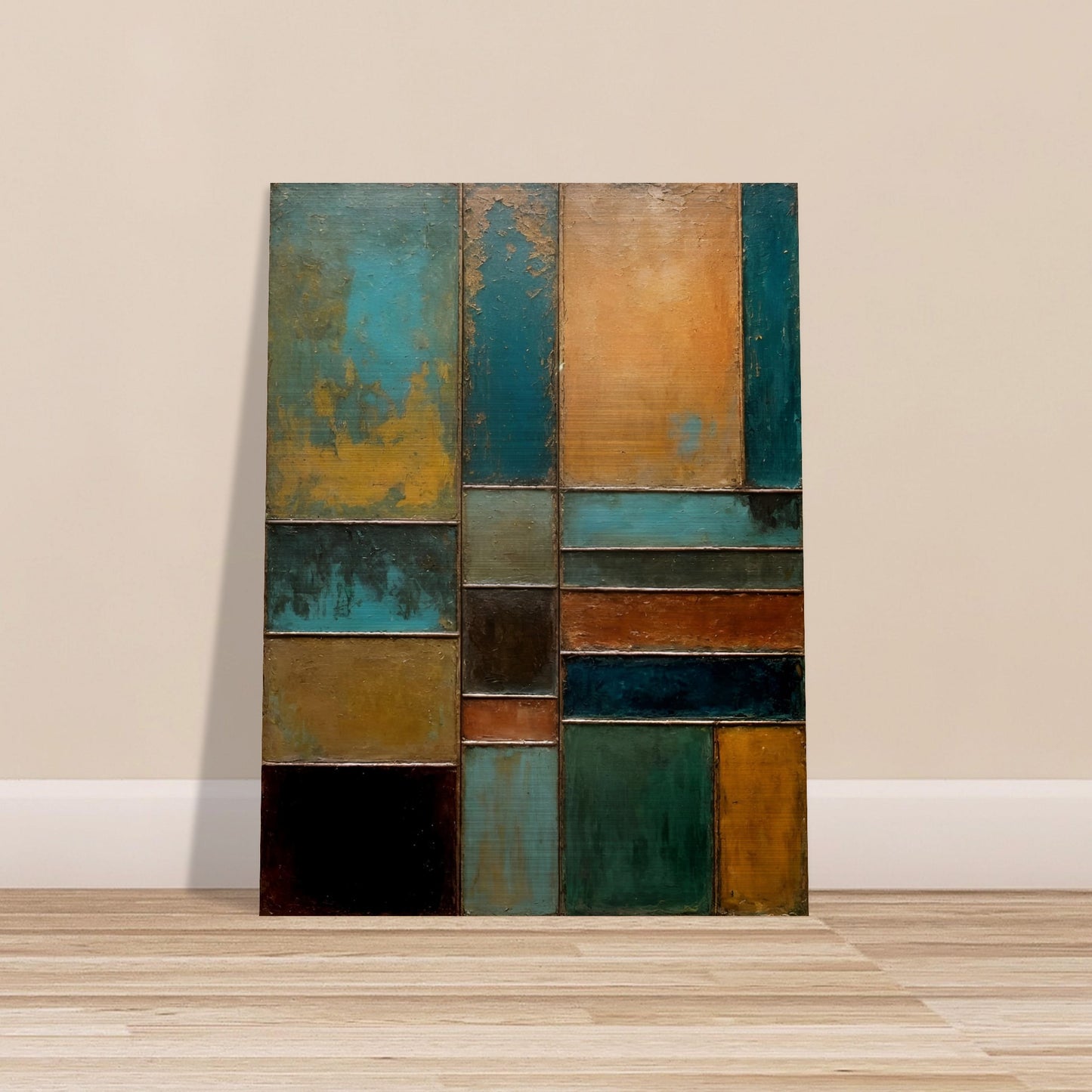 A textured abstract painting featuring geometric panels in shades of turquoise, rust, gold, and black, resembling weathered metal and patina.