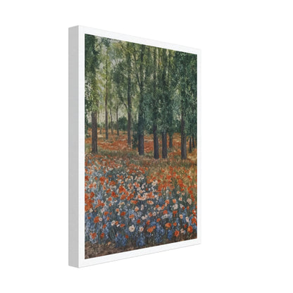 "A tranquil landscape with vibrant orange and blue wildflowers blooming under tall trees, evoking the peacefulness of a forest meadow."