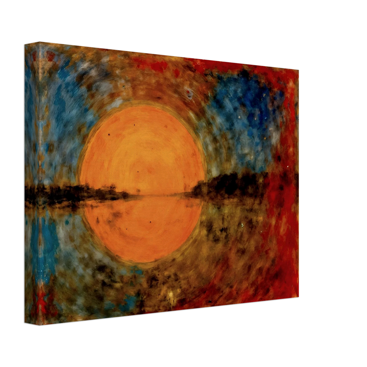 A radiant orange sun glows over reflective waters, framed by fiery reds, deep blues, and textured skies in a dreamlike scene.