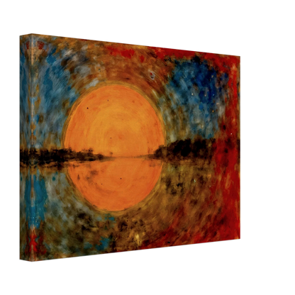A radiant orange sun glows over reflective waters, framed by fiery reds, deep blues, and textured skies in a dreamlike scene.