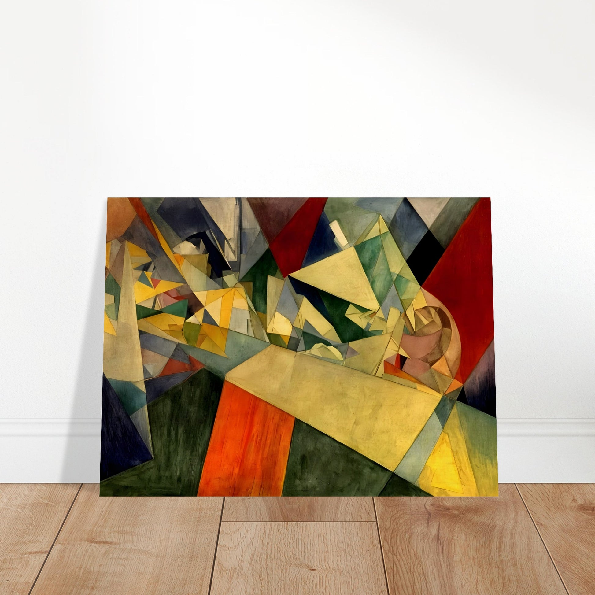 An abstract composition of interlocking geometric shapes in shades of yellow, green, red, and blue, creating a fragmented, dynamic perspective.