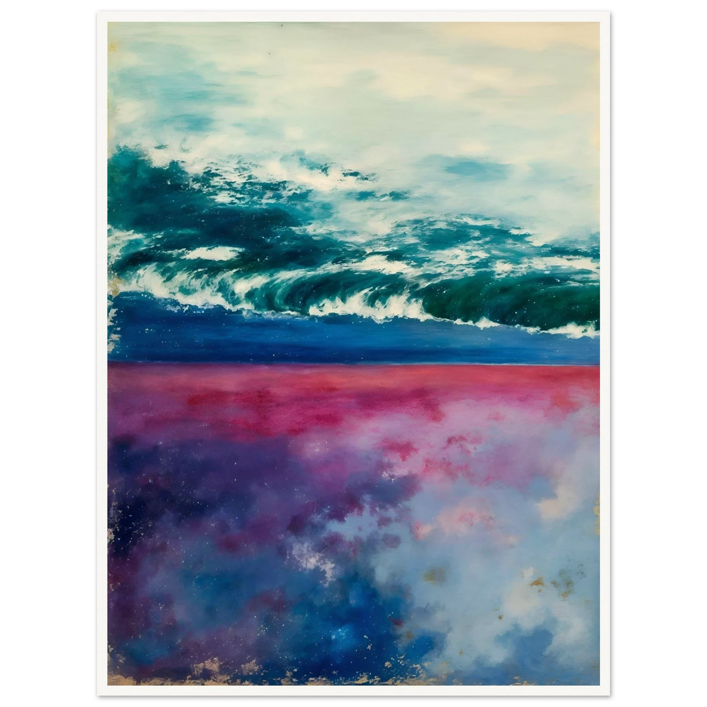 Teal ocean waves roll beneath a pale sky, with pink and blue reflections glowing below.