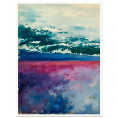 Teal ocean waves roll beneath a pale sky, with pink and blue reflections glowing below.