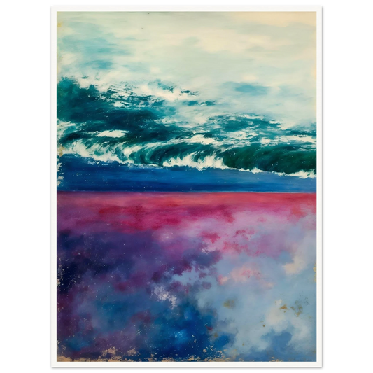 Teal ocean waves roll beneath a pale sky, with pink and blue reflections glowing below.