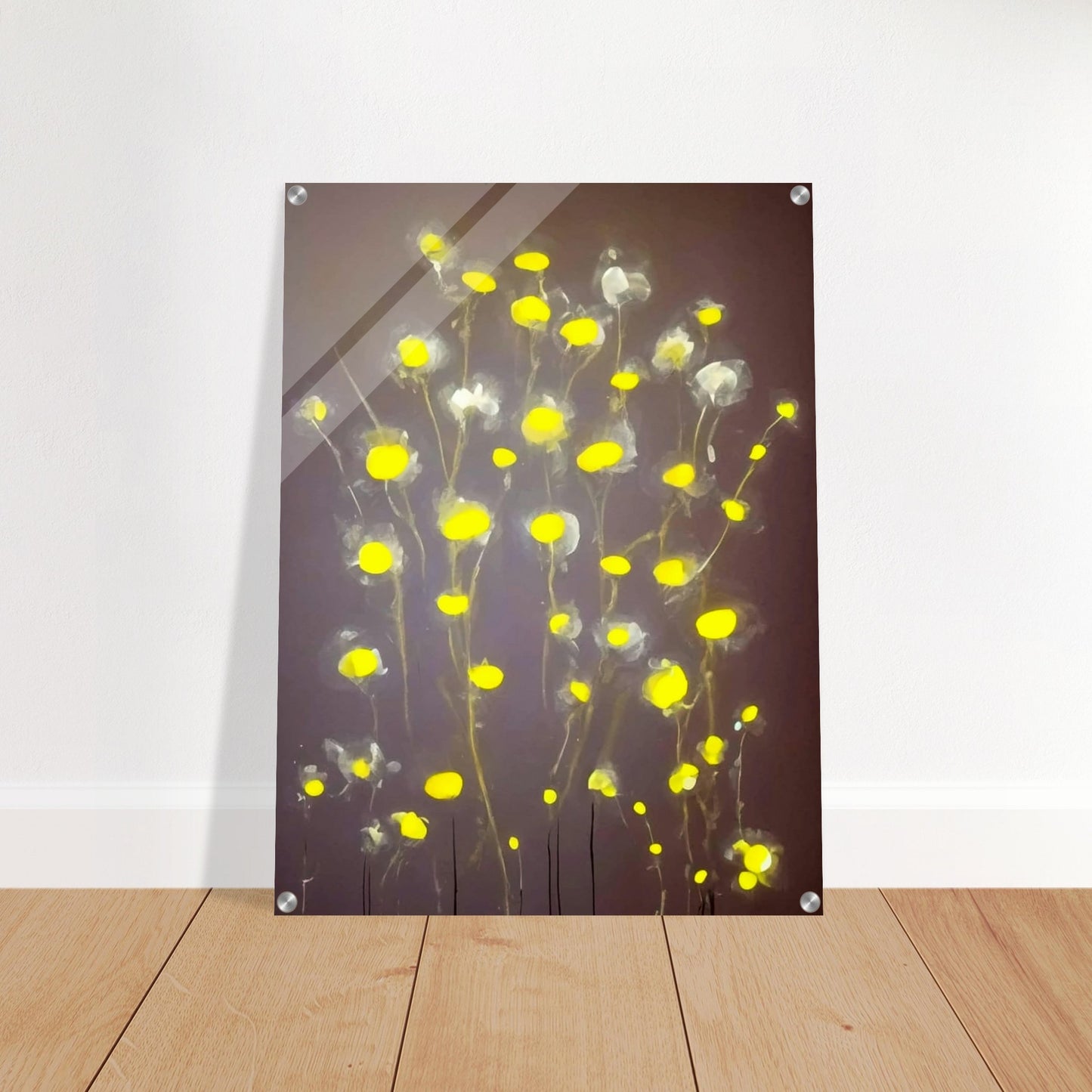 A minimalist painting featuring glowing yellow flowers with soft, translucent petals on a muted gray background, exuding a serene elegance.