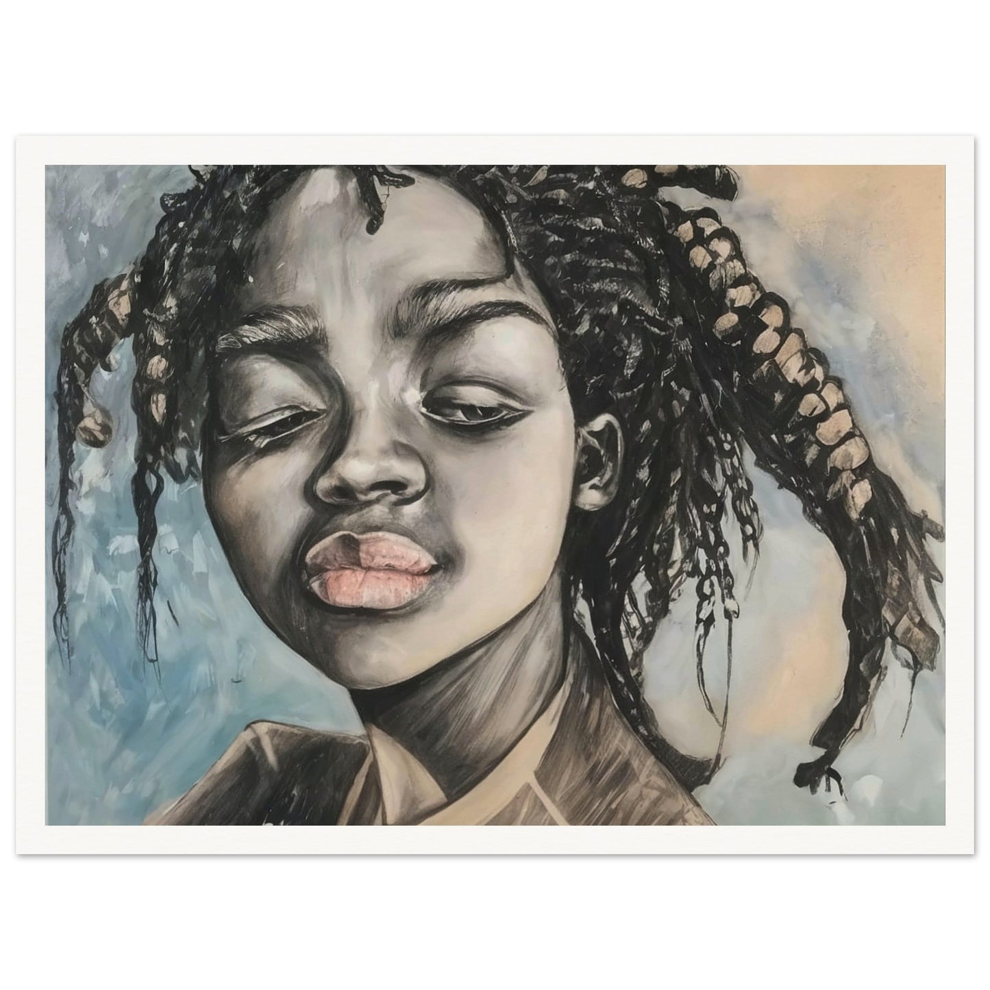 A powerful portrait painting of a young girl with braided hair. The artwork focuses on her expressive face, capturing a moment of contemplation or reflection. The use of monochromatic tones emphasizes the depth and emotion in her features, while subtle hints of color highlight her lips and the background, adding contrast and dimension.