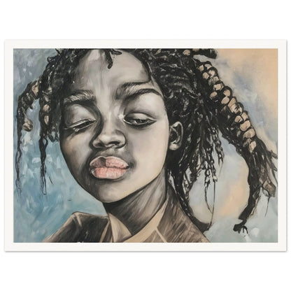 A powerful portrait painting of a young girl with braided hair. The artwork focuses on her expressive face, capturing a moment of contemplation or reflection. The use of monochromatic tones emphasizes the depth and emotion in her features, while subtle hints of color highlight her lips and the background, adding contrast and dimension.