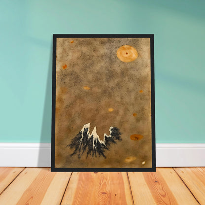 Snow-capped black mountain rises below a hazy orange moon in a muted, dust-toned sky.