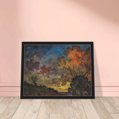 Fiery autumn trees glow beneath a deep blue sky as dark clouds drift across a fading landscape.