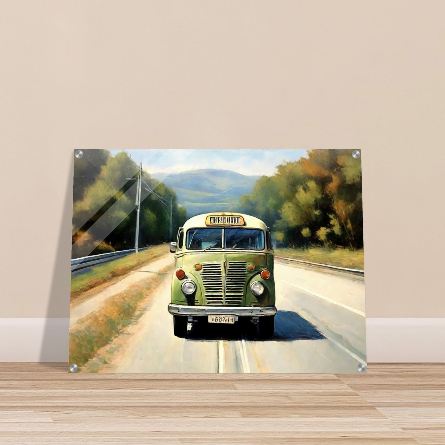 "A nostalgic painting of a vintage green bus traveling on a peaceful countryside road, surrounded by trees and distant hills."