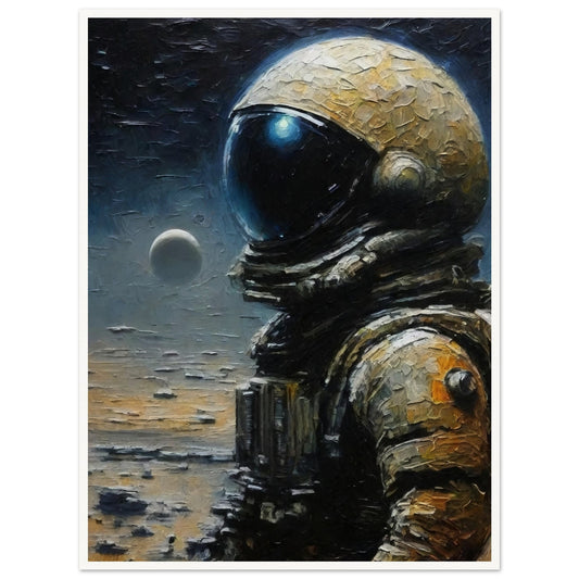 A detailed painting of an astronaut in a spacesuit standing on a lunar surface with a distant planet in the background.