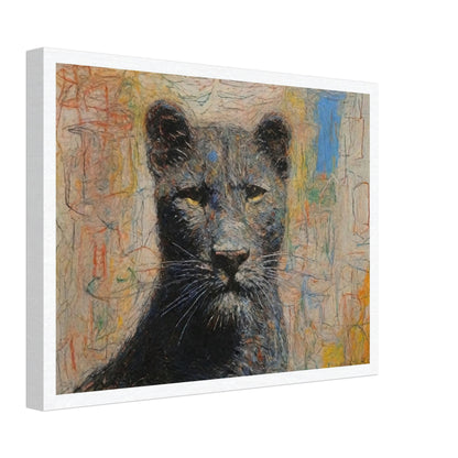 A powerful and regal painting of a panther with piercing yellow eyes and a colorful abstract background.