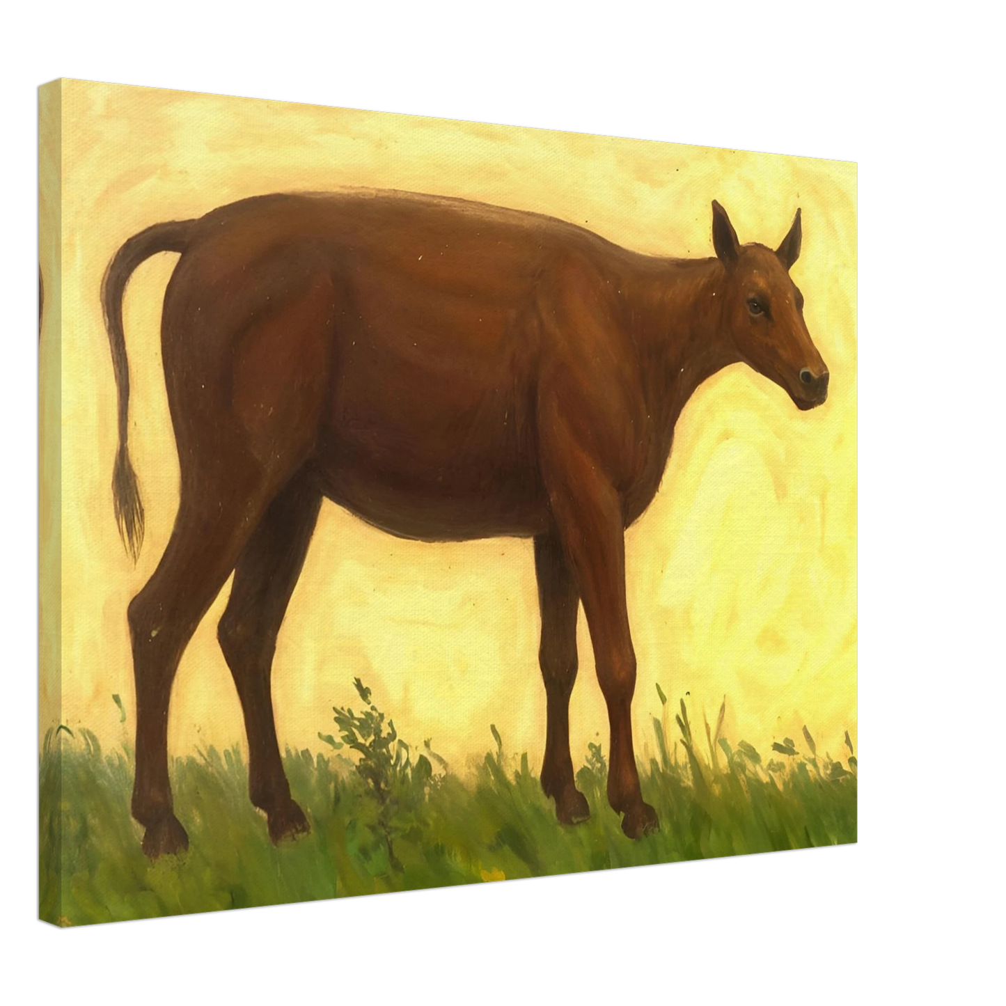 A brown cow standing on grassy pasture against a soft golden-yellow background, exuding calm and simplicity.