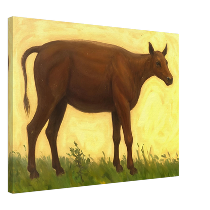 A brown cow standing on grassy pasture against a soft golden-yellow background, exuding calm and simplicity.