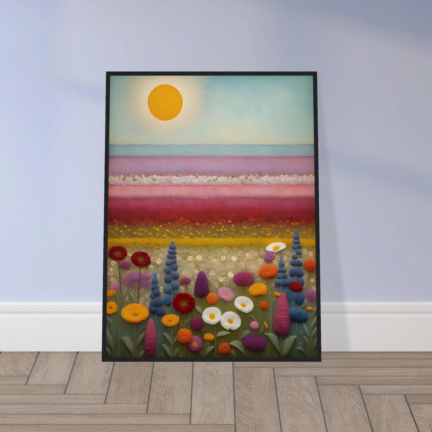 A vibrant field of multicolored flowers stretches under a golden sun, with pastel pink and purple layers blending into the horizon.