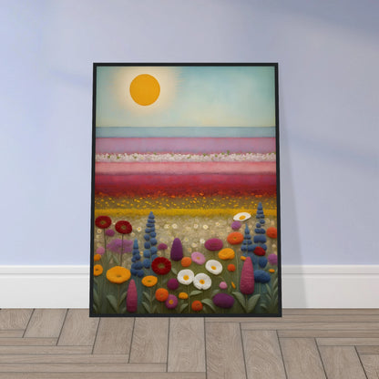 A vibrant field of multicolored flowers stretches under a golden sun, with pastel pink and purple layers blending into the horizon.