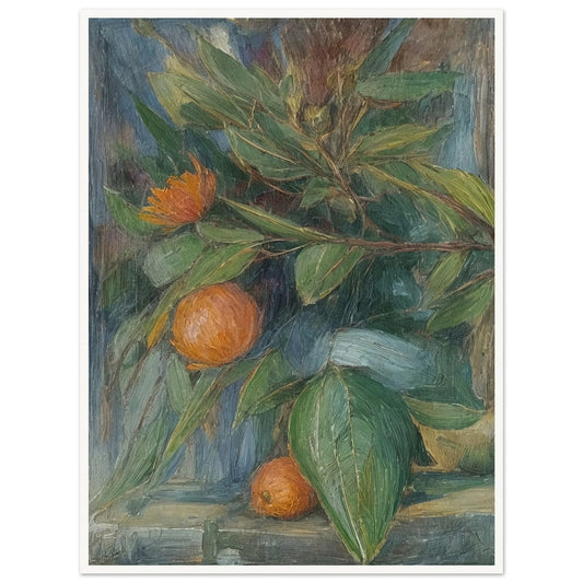 A still life painting featuring a vibrant arrangement of orange fruits and green leaves, showcasing the beauty and abundance of nature.