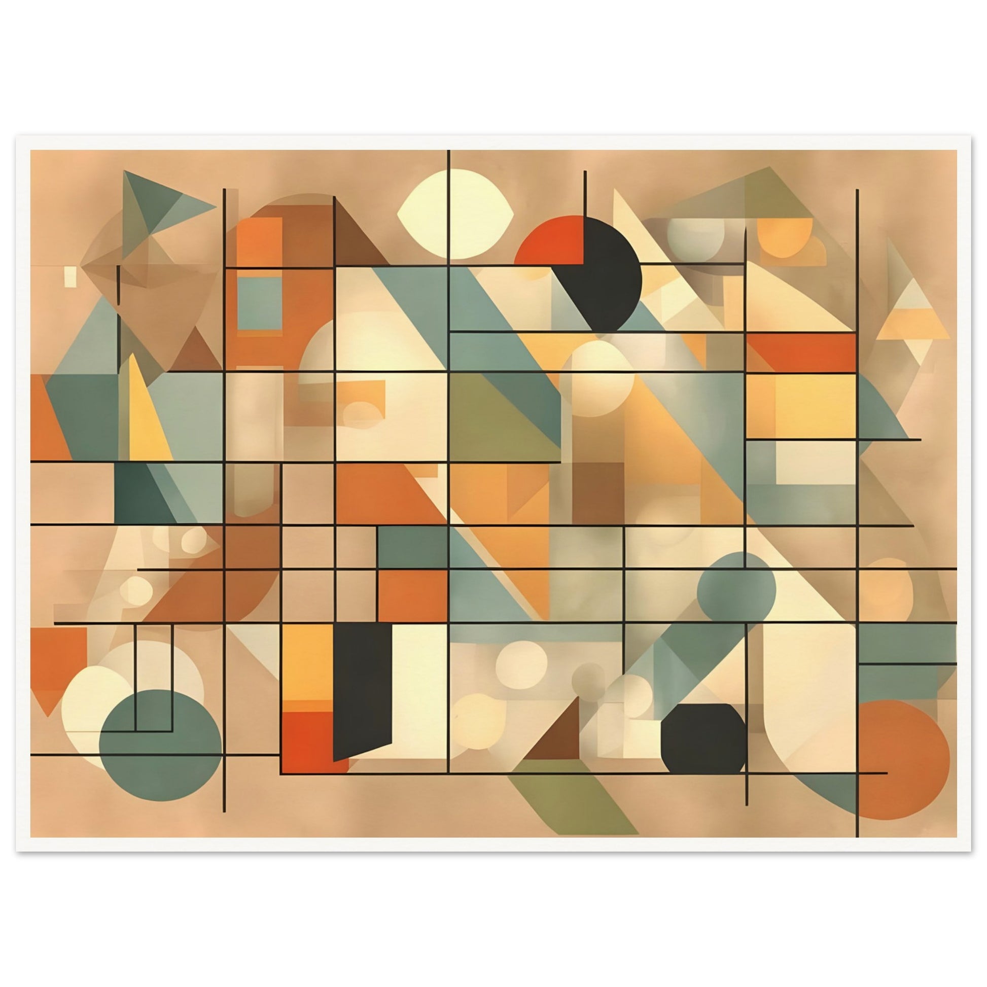 An abstract artwork with a geometric design, featuring intersecting lines, circles, triangles, and rectangles in soft shades of beige, orange, teal, and cream.