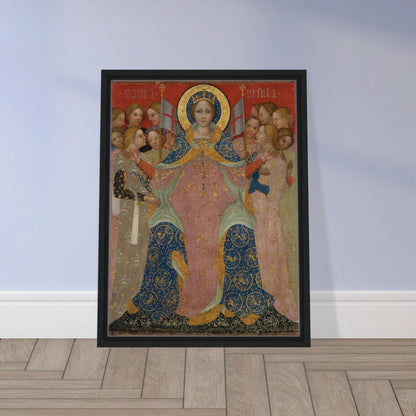 Saint Ursula stands with her maidens in ornate gold and blue robes against a red background