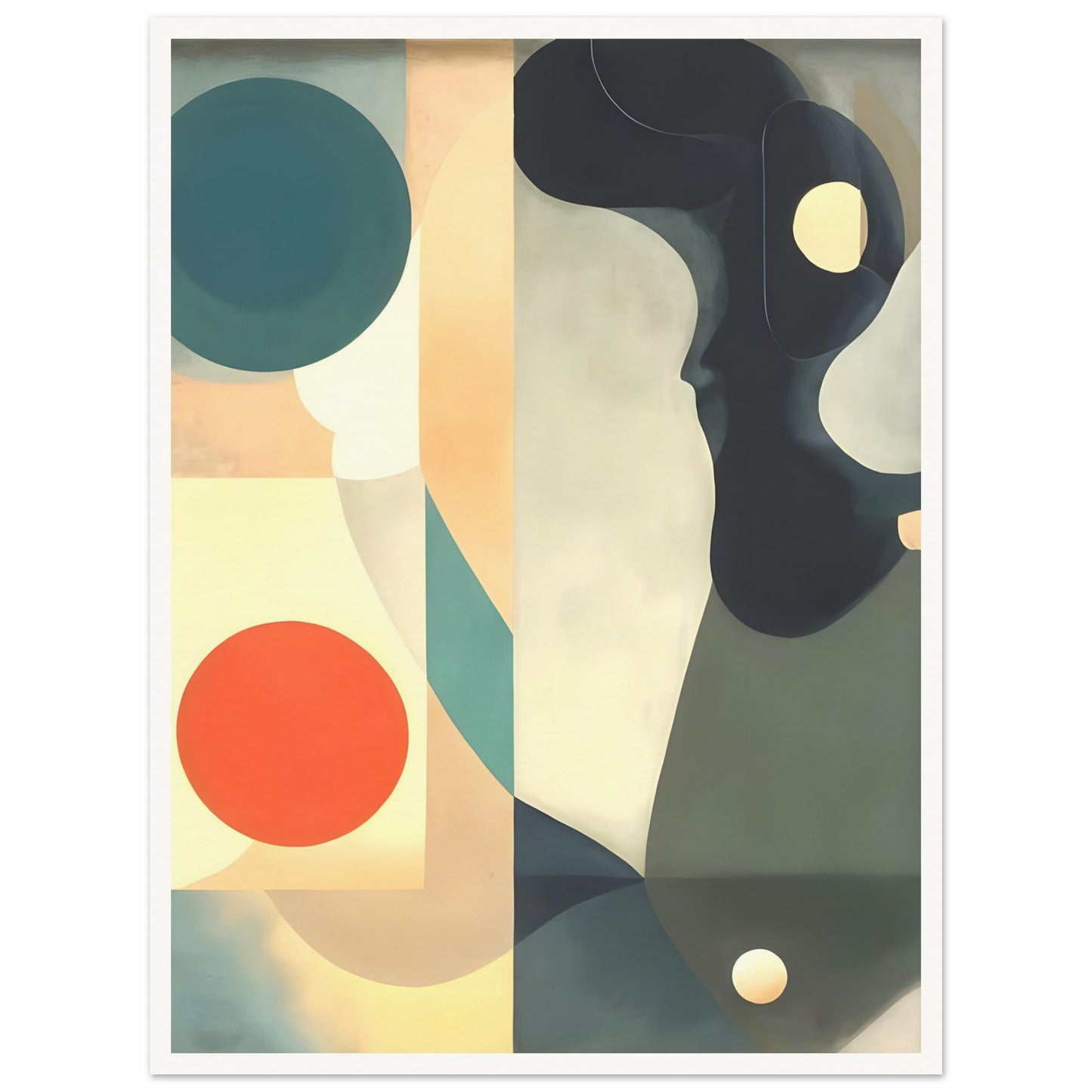 A serene composition featuring flowing shapes, bold circles, and muted tones of teal, orange, and cream, creating a modern abstract design.