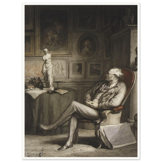 A seated art connoisseur studies a Venus statue in a dim room filled with framed artworks.