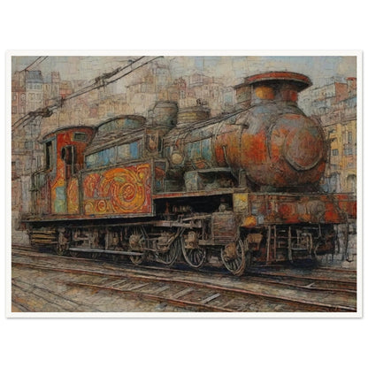 "A detailed painting of a colorful, weathered steam locomotive in an urban setting, showcasing intricate patterns and a sense of nostalgia for vintage travel."