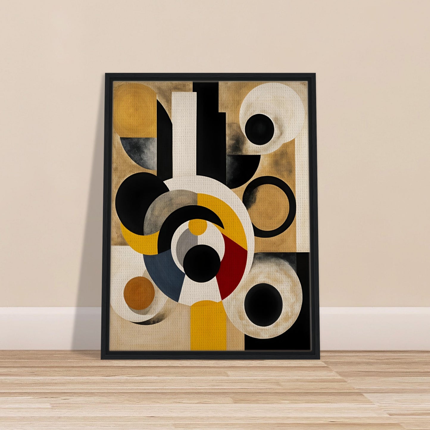 A striking geometric painting featuring bold circular and rectangular shapes in black, gold, white, and red, evoking celestial motion.