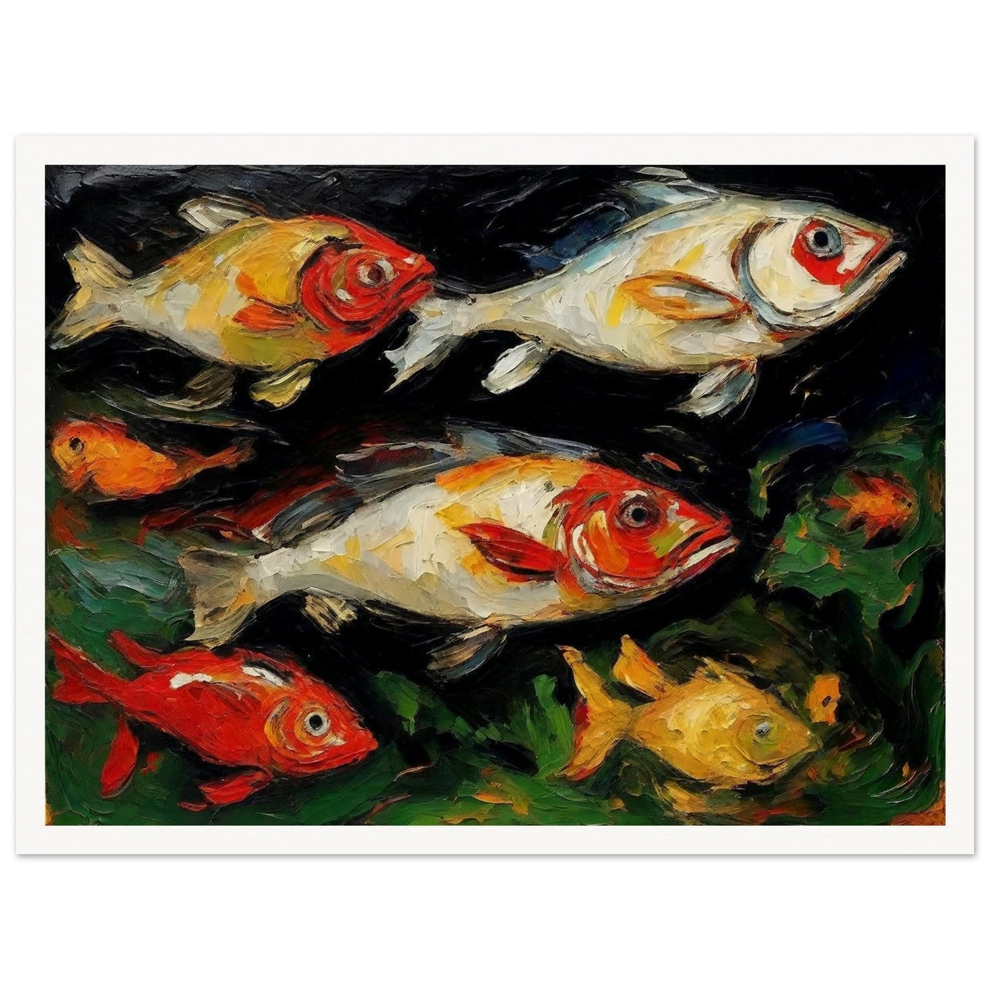 A vibrant painting of multiple colorful fish swimming in a dark aquatic environment, showcasing dynamic brushstrokes and rich hues.