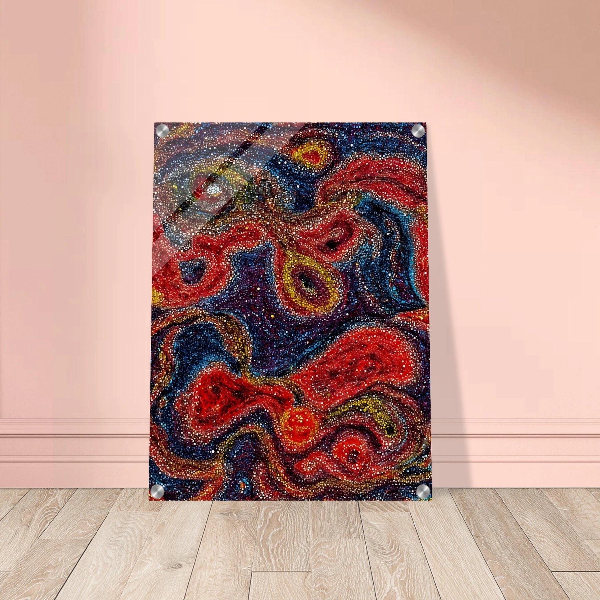 Swirling red, blue, and gold forms shimmer through dotted textures, evoking a radiant cosmic dance of color and energy.